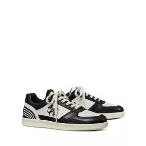 Tory Burch Clover Court Sneakers Black White Leather Low Top Double TLogo sz 7.5